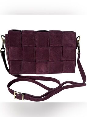 Viola Castellani Genuine Suede Woven Padded Flap Crossbody Bag Dark Purple